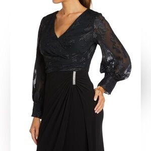 Nightway Women’s Balloon Cuff Sleeve Black Formal Gown Maxi Dress With Slit US 6